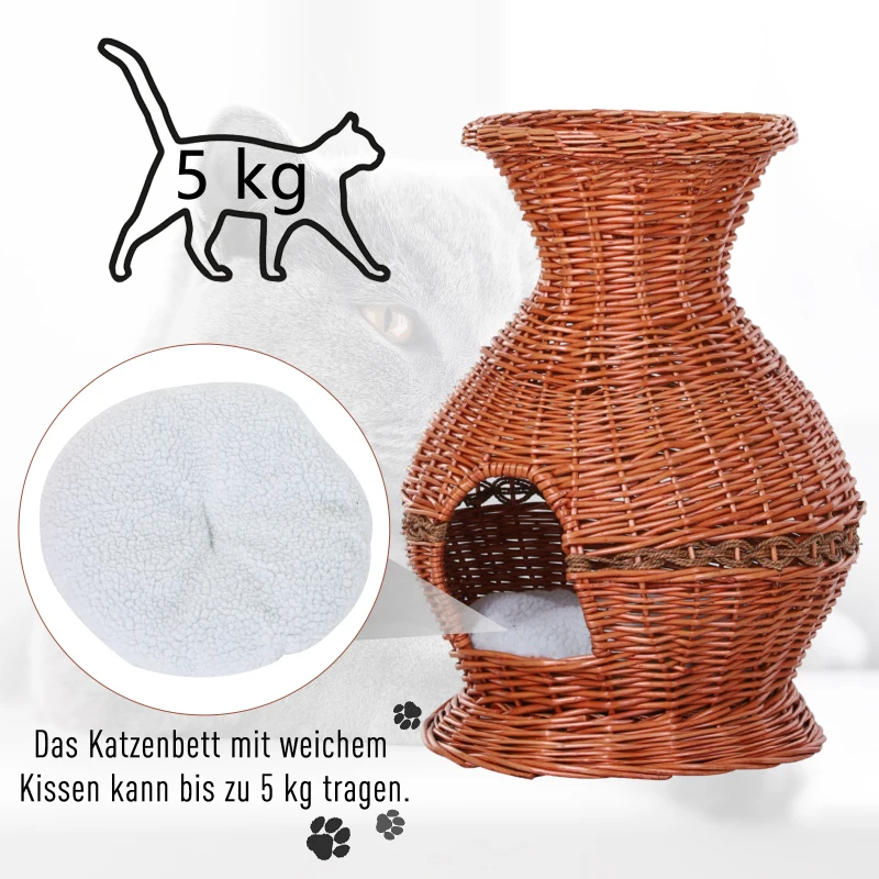PawHut® Katzenhaus Katzenhöhle Korbhöhle Katzenbett mit Kissen Vasenform Weide Braun