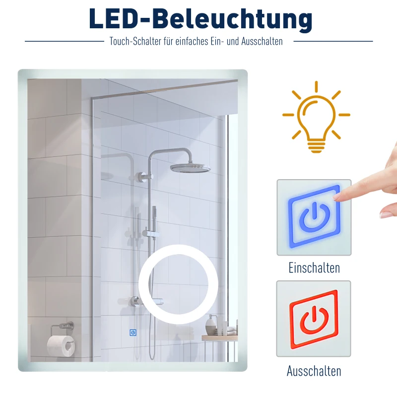 kleankin® LED Badspiegel Badezimmerspiegel Beleuchtung 65W 80x60cm