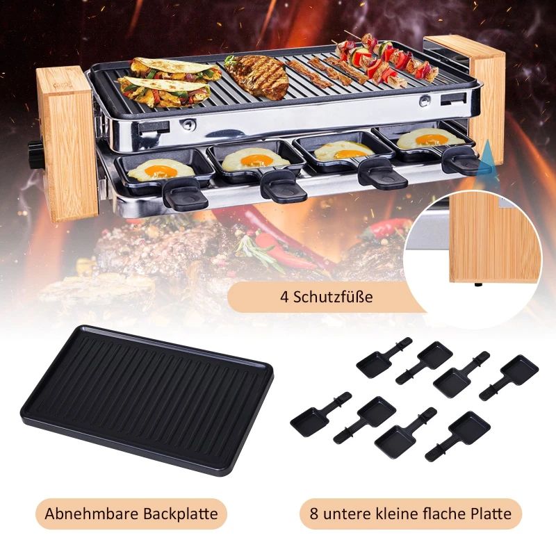 HOMCOM® Elektrogrill 2 Ebenen BBQ Tischgrill 1500 W Partygrill 8 Pfännchen Metall Bambus