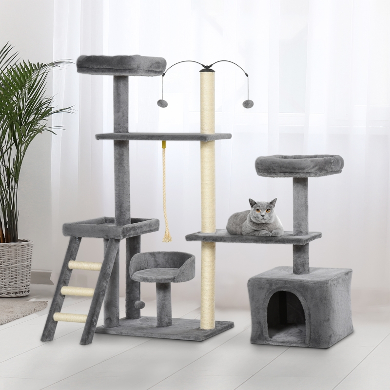 PawHut Kratzbaum fr Katzen Katzenbaum Kletterbaum Mehrstufiges  Multiaktivittszentrum Katzenmbel, Dunkelgrau 124 x 40 x 136 cm | Aosom.de