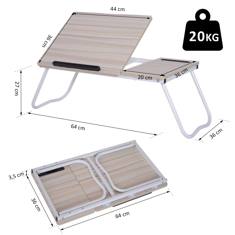 Vinsetto® Laptoptisch Betttisch Serviertablett Frühstückstisch verstellbar Spanplatte + Metall Natur + Weiß 64 x 36 x 27 cm