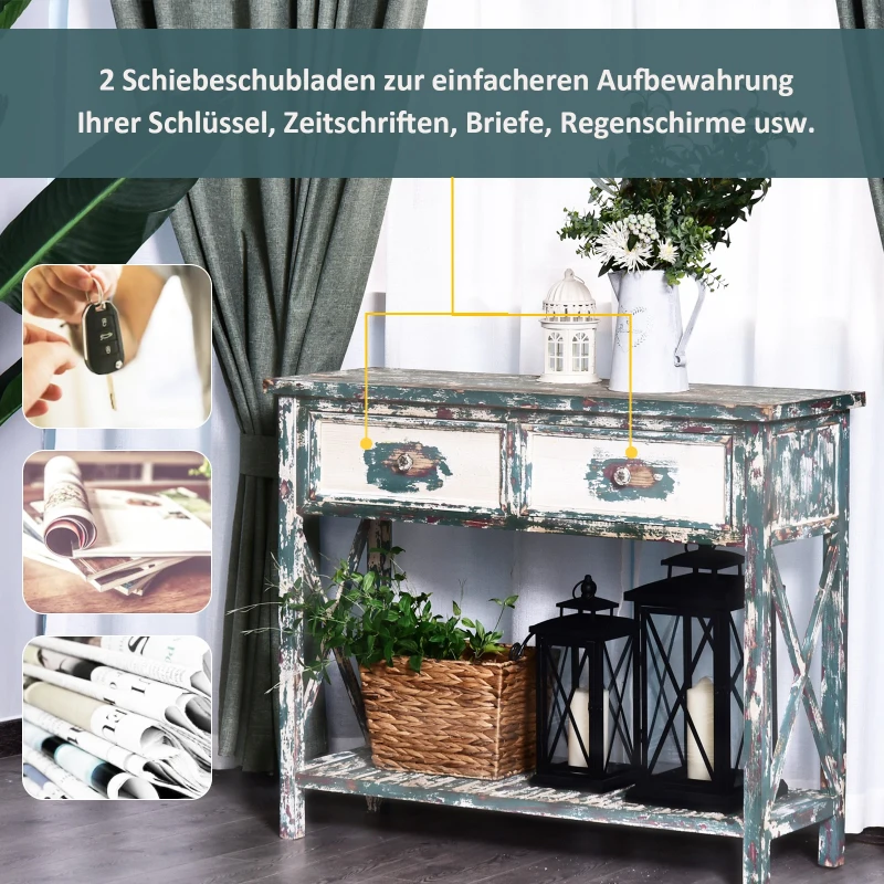 HOMCOM® Vintage Konsolentisch Beistelltisch Sideboard mit 2 Schubladen Massivholz