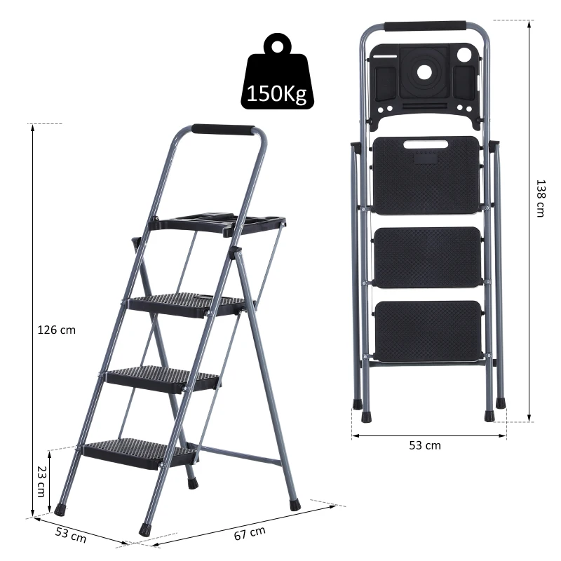 HOMCOM® Stufenleiter Trittleiter Klapptreppe mit Tablett Antirutsch Metall Grau 53 x 67 x 126 cm