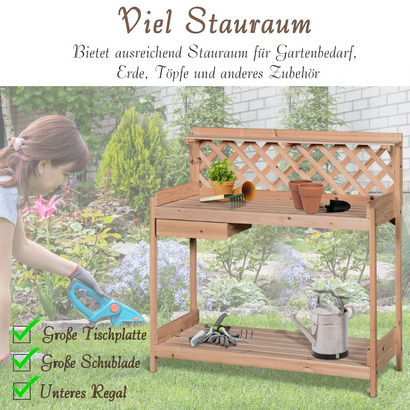 Outsunny® Pflanztisch Gärtnertisch für Garten Terrasse Balkon Blumentisch 2 Stufen mit Schublade Garten Massivholz