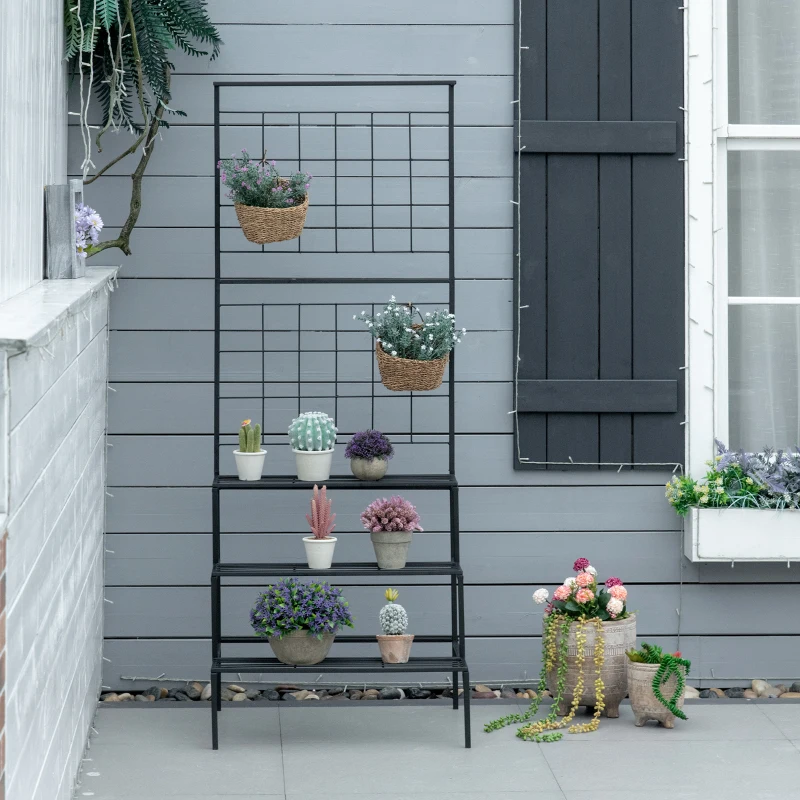 Outsunny plantenrek met 3 etages en latwerk, metaal, zwart, 60 x 53.5 x 159.5 cm