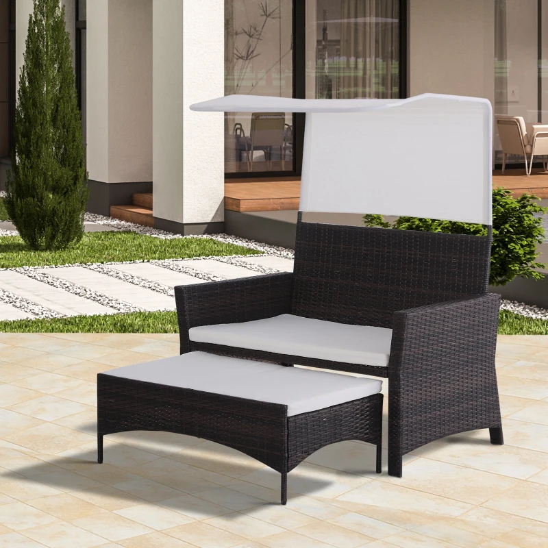 Outsunny® 2-tlg. Gartensofa Gartenmöbel Lounge Gartenset Rattanmöbel Braun Polyrattan 1 x Hocker mit Sonnendach