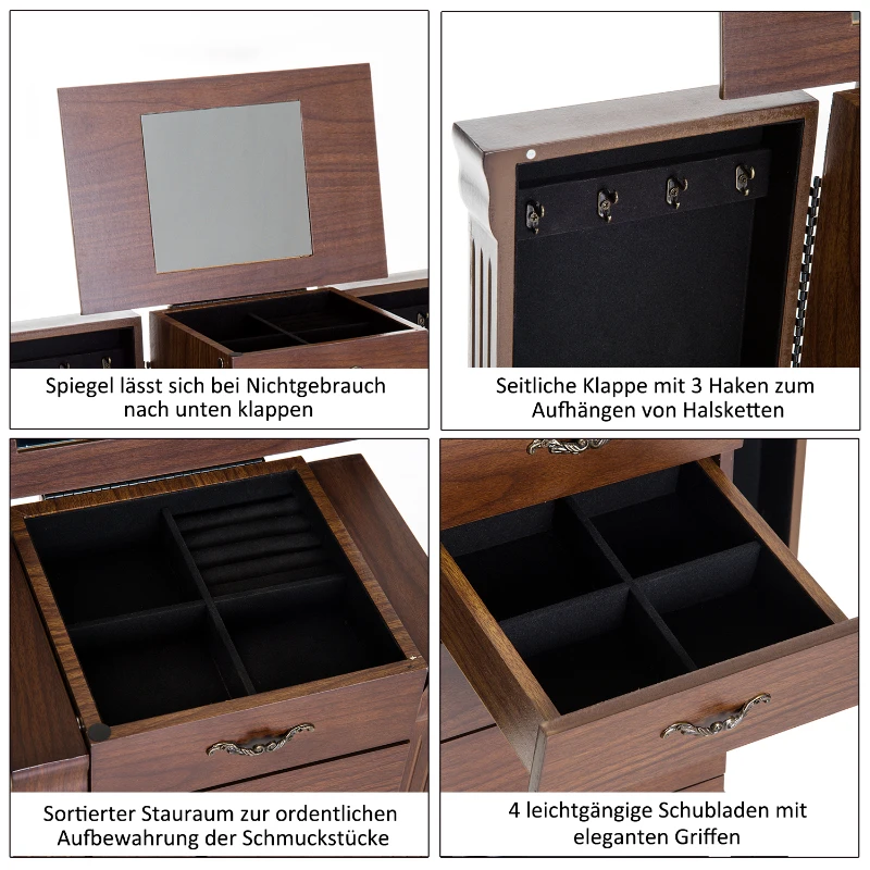 HOMCOM® Schmuckschrank mit Spiegel Schmuckkasten Holz Braun
