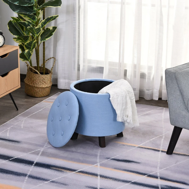 HOMCOM® Hocker mit Stauraum Polsterhocker Fußhocker Sitzhocker Leinen Hellblau Ø38 x 38cm