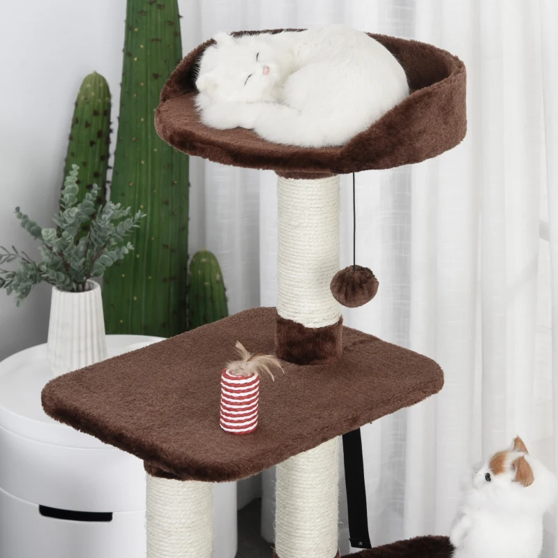 PawHut drzewo dla kotów z sizalowymi słupkami, 5-kondygnacyjne, z piłkami do zabawy, jaskinia, plusz, ciemnozielony 45 x 40 x 118 cm