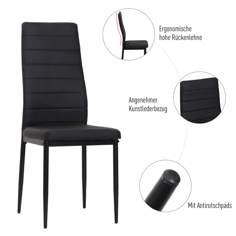 HOMCOM® 4er-Set Esszimmerstuhl Küchenstuhl Luxus Polsterstuhl Hochlehner Kunstleder + Metall Schwarz 51 x 41 x 97 cm