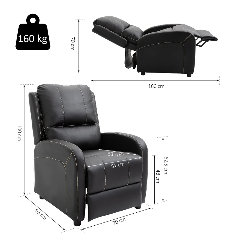 HOMCOM® Relaxsessel Liegesessel | Fernsehsessel | Veganleder | Schwarz | 70 x 93 x 100 cm