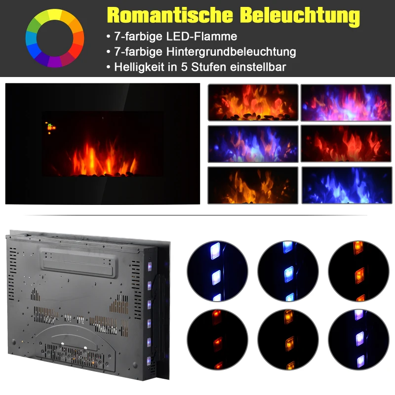 HOMCOM® Elektrokamin LED Wandkamin mit Flammeneffekt Fernbedienung