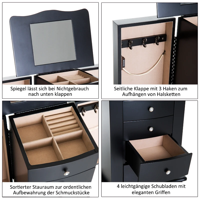 HOMCOM® Schmuckschrank mit Spiegel Schmuckkasten Holz Schwarz