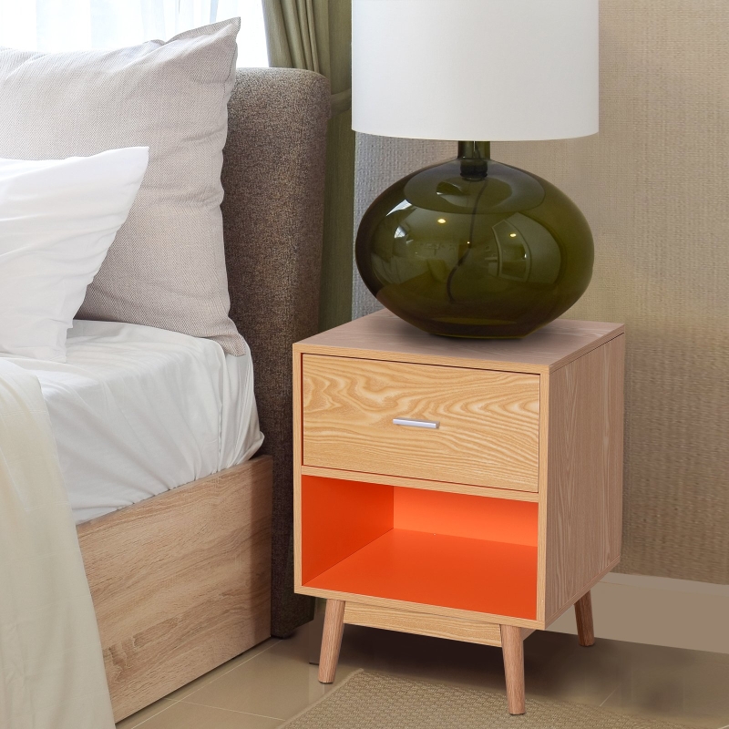 HOMCOM® Nachttisch Nachtschrank Nachtkommode Konsole Beistelltisch mit Schublade Holz Natur + Orange 48 x 40 x 61,5 cm