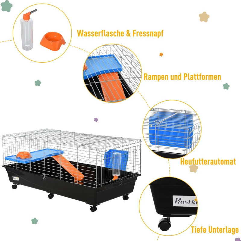 PawHut® Kleintierkäfig Rollbarer Nagerkäfig Starter-Set mit allem Zubehör 119x59x50cm