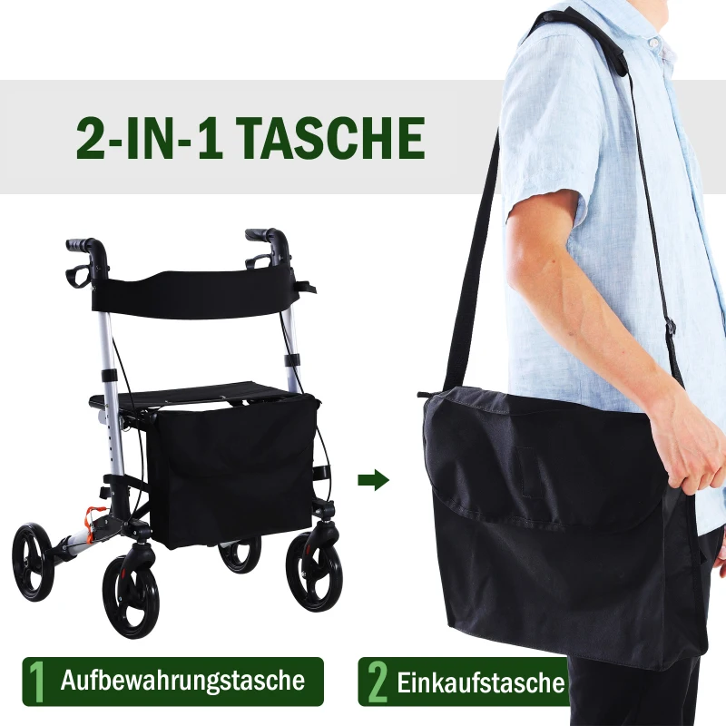 HOMCOM® Rollator mit Stuhl Faltbarer Gehwagen Tasche Verstellbare Griffe Alulegierung