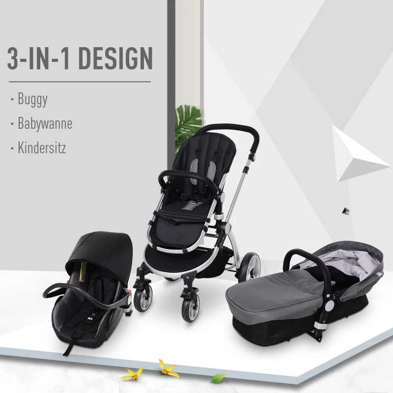 HOMCOM® Kinderwagen 3-in-1 Buggy Babyschale Babywanne Auto-Kindersitz 0-36 Monate Grau