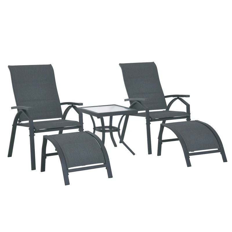 Outsunny® 5-tlg. Gartengarnitur Gartensitzgruppe Gartentischset Gartenliege gepolstert Metall + Textilene Grau 2 x Sessel 2 x Hocker 1 x Tisch