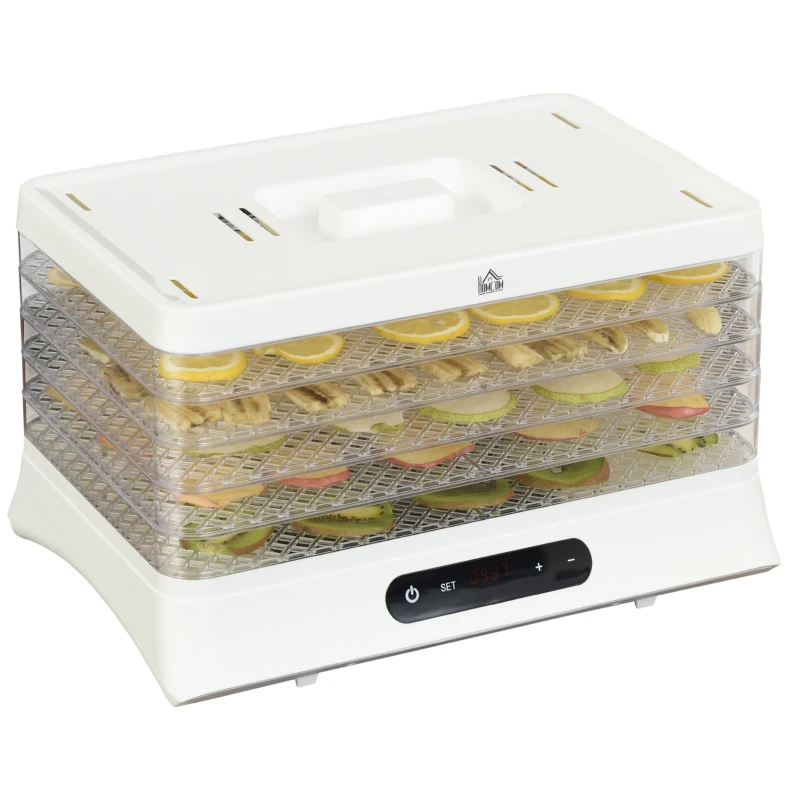HOMCOM® Dehydrator Dörrgerät Dörrautomat mit 5 Einlegefächer Temperaturregler Weiß