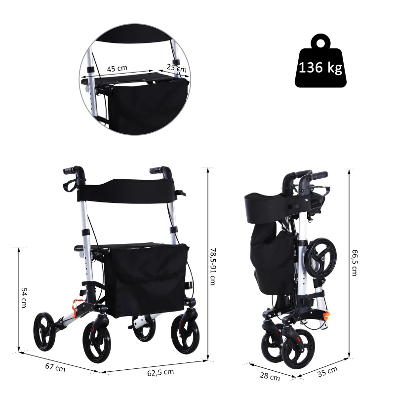 HOMCOM® Rollator mit Stuhl Faltbarer Gehwagen Tasche Verstellbare Griffe Alulegierung