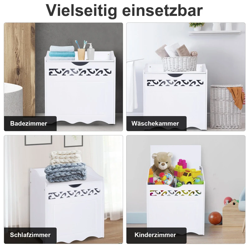 HOMCOM® Badschrank Wäschekorb Truhe Kiste Aufbewahrungsbox mit Deckel MDF Weiß 55 x 34 x 58 cm