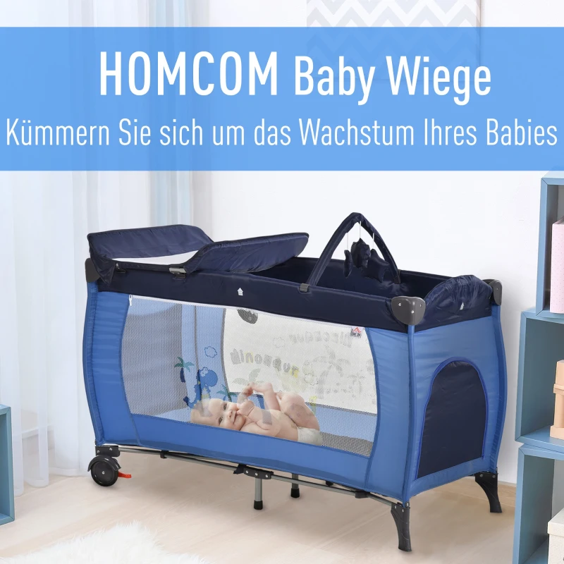 HOMCOM® Kinderreisebett klappbar Reisebettmatratze Klappbett Babybett mit Rollen Blau