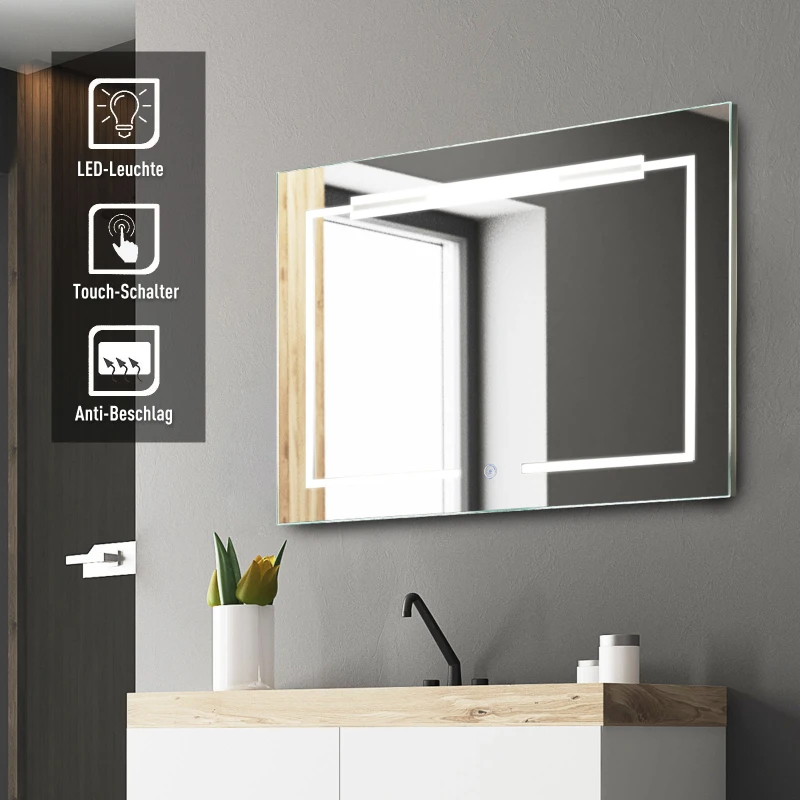 kleankin® LED-Spiegel Nebelfreier Wandspiegel Badspiegel Touch-Schalter Alu 70 x 50 cm