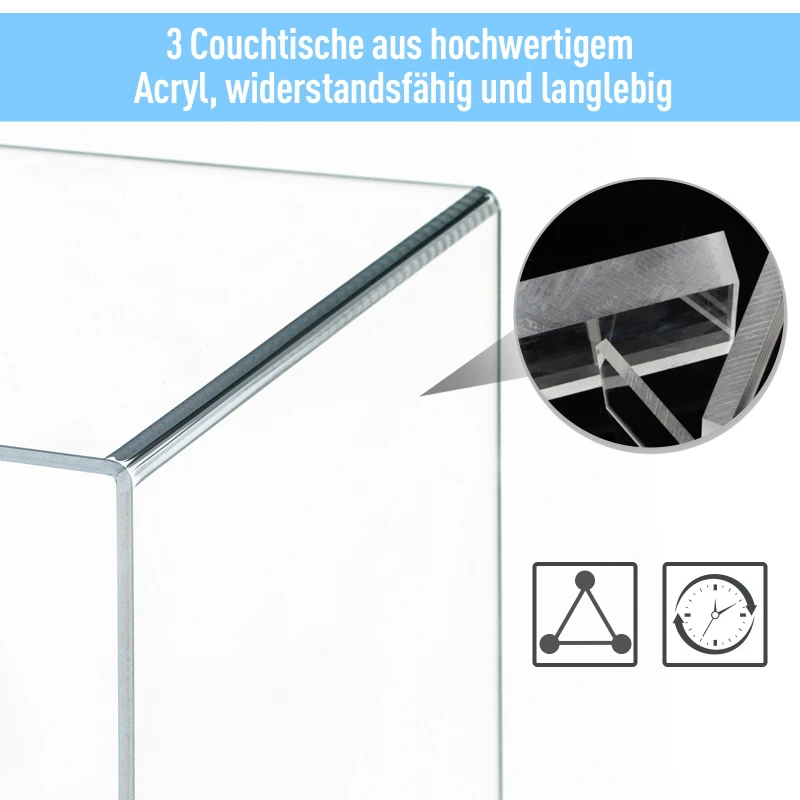 HOMCOM® Beistelltisch 3er-Set Couchtisch Satztisch Sofatisch Glastisch klar Acrylglas 32 x 30 x 24 cm/35 x 30 x 28 cm/38 x 30 x 32 cm
