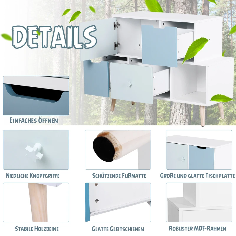 HOMCOM® Kinderzimmer Schrank Kinderschrank 3 Schubladen Aufbewahrungsregal MDF Blau