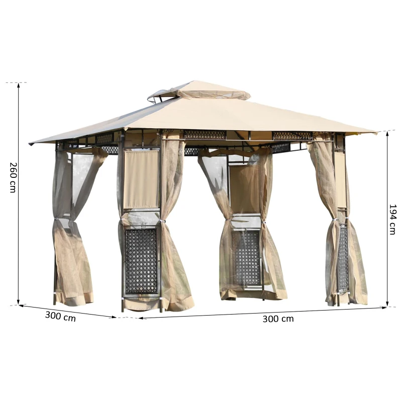Outsunny® Pavillon Gartenpavillon Gartenzelt mit Seitenwänden Moskitonetz Sonnenschutz Beige + Braun 3 x 3 x 2,6 m