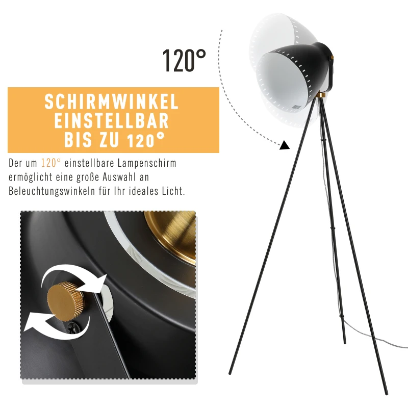 HOMCOM® Stehleuchte Stehlampe E27-Fassung neben Sofa 120° verstellbar Metall Schwarz 60 x 60 x 145 cm