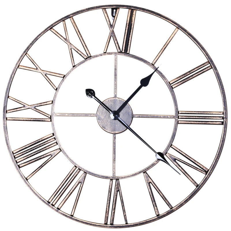 HOMCOM® Wanduhr mit Römischer Ziffern Lautlos Quarzuhr Ohne Ticken Metall Bronze ∅58,5 x 3,5 cm