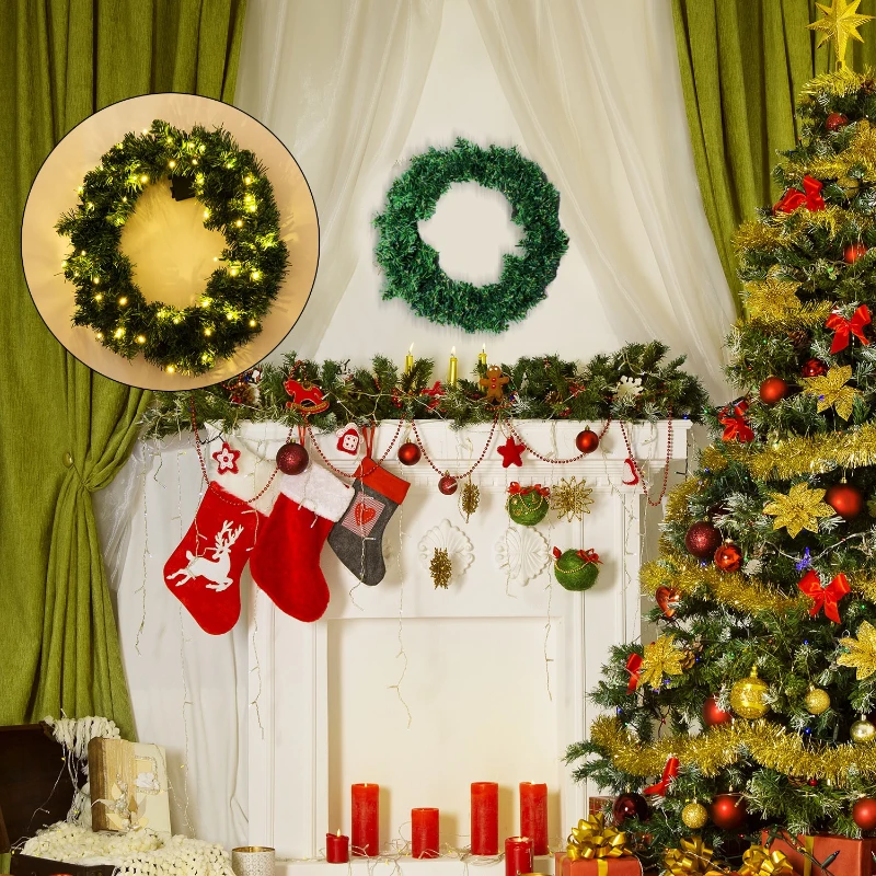 HOMCOM® Tannenkranz Türkranz Weihnachtskranz mit LED 55cm Grün