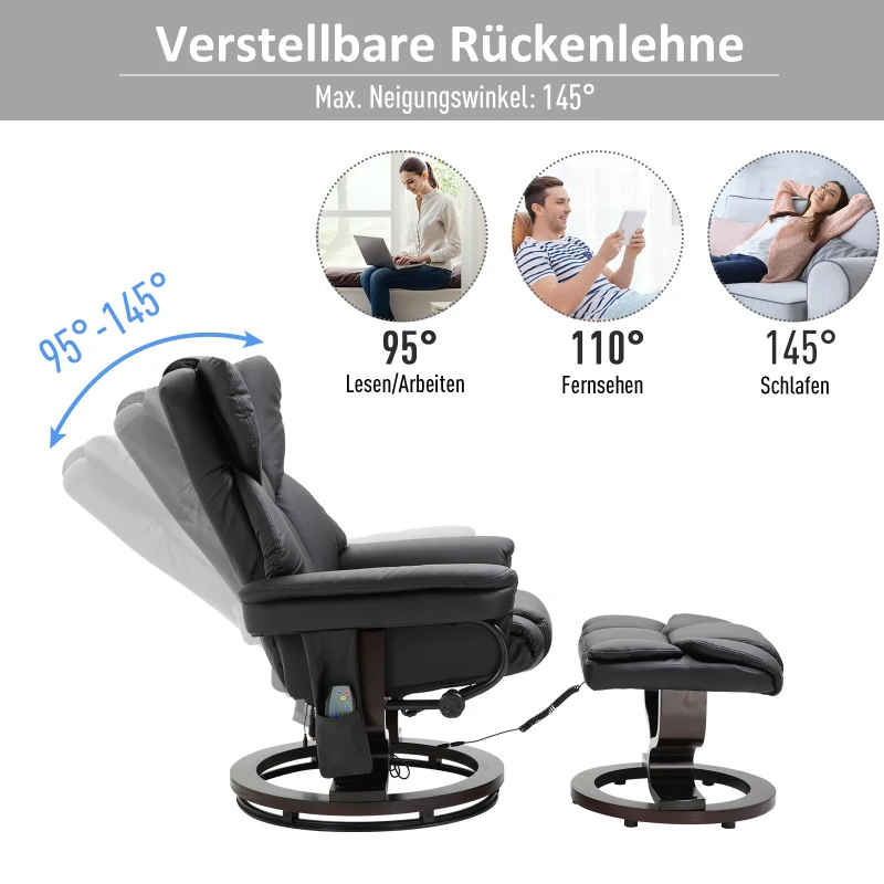 HOMCOM Massagesessel mit Fußhocker Relaxsessel Heizfunktion 145°-Neigung PU Schwarz 79 x 82 x 101 cm