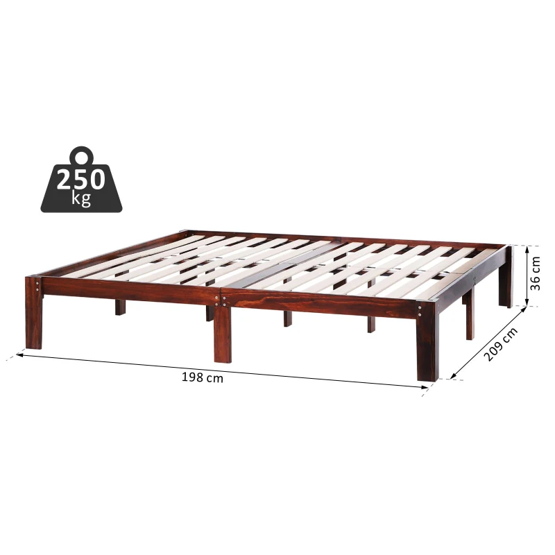 HOMCOM® Bettgestell Doppelbettrahmen Holzbett 15 Latten Erhöhte Beine Kiefernholz Braun 198 x 209 x 36 cm