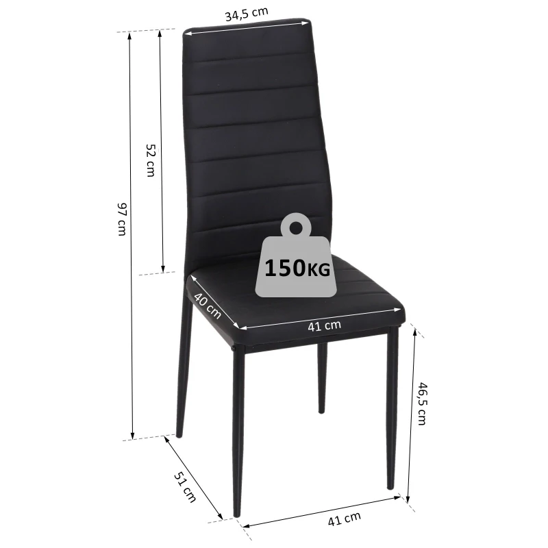 HOMCOM® 4er-Set Esszimmerstuhl Küchenstuhl Luxus Polsterstuhl Hochlehner Kunstleder + Metall Schwarz 51 x 41 x 97 cm