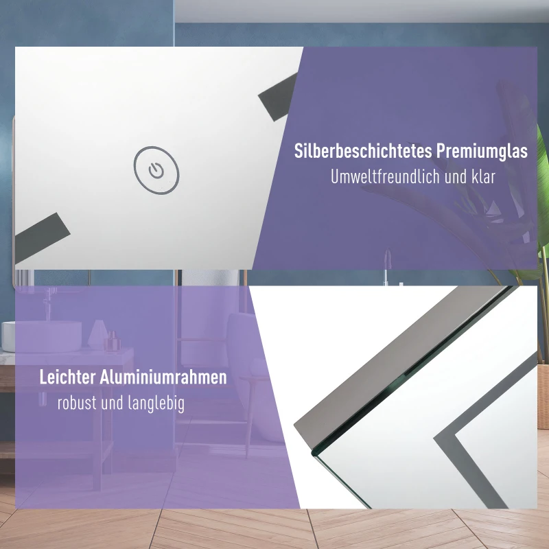 kleankin® LED-Spiegel Nebelfreier Wandspiegel Badspiegel Touch-Schalter Alu 70 x 50 cm