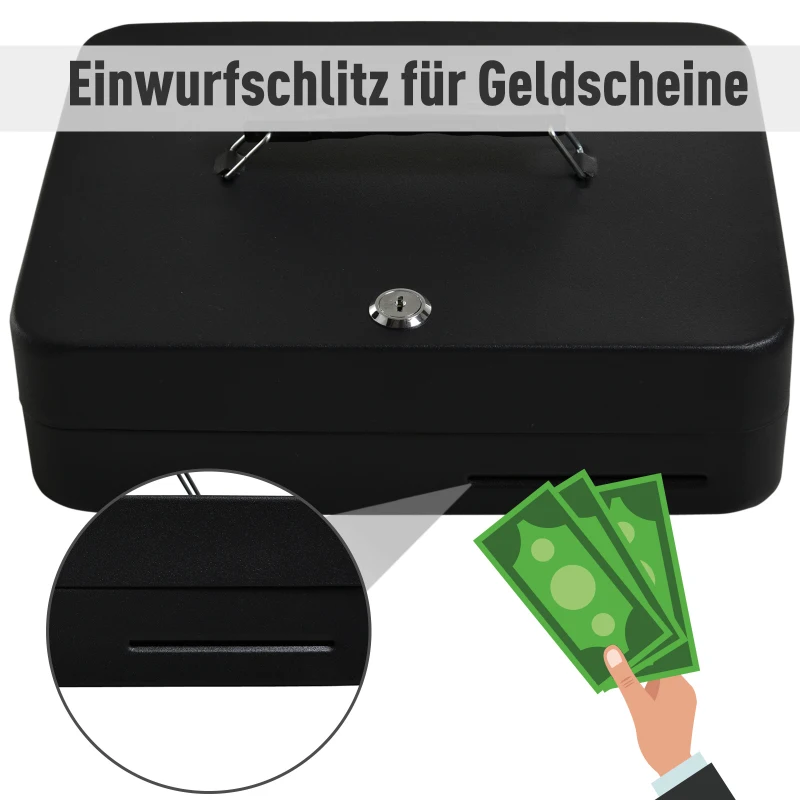 HOMCOM Geldkassette mit Geldfach Münzfach Sicherheitsverschluss Geldzählkassette Stahl PP Schwarz  30 x 24 x 9 cm