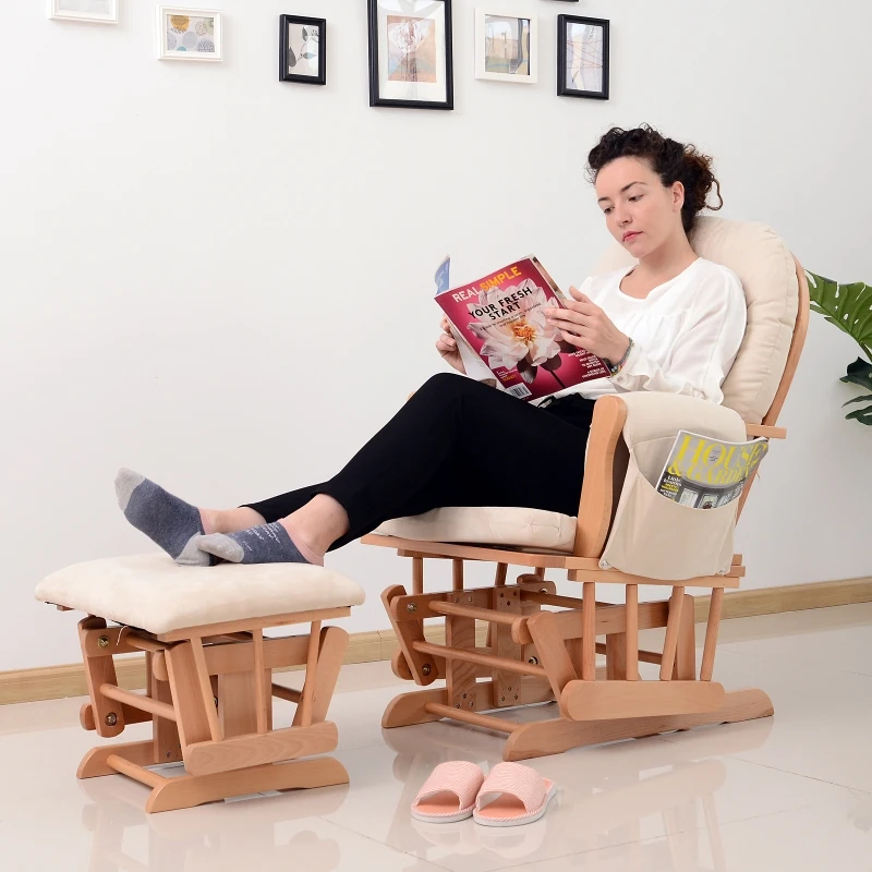 HOMCOM® Schaukelstuhl zum Stillen Entspannungsstuhl Stillstuhl Relaxsessel mit Hocker und Armlehne 120 kg  Belastbarkeit Holz Kunstwildleder Natur B96 x T60 x H96cm