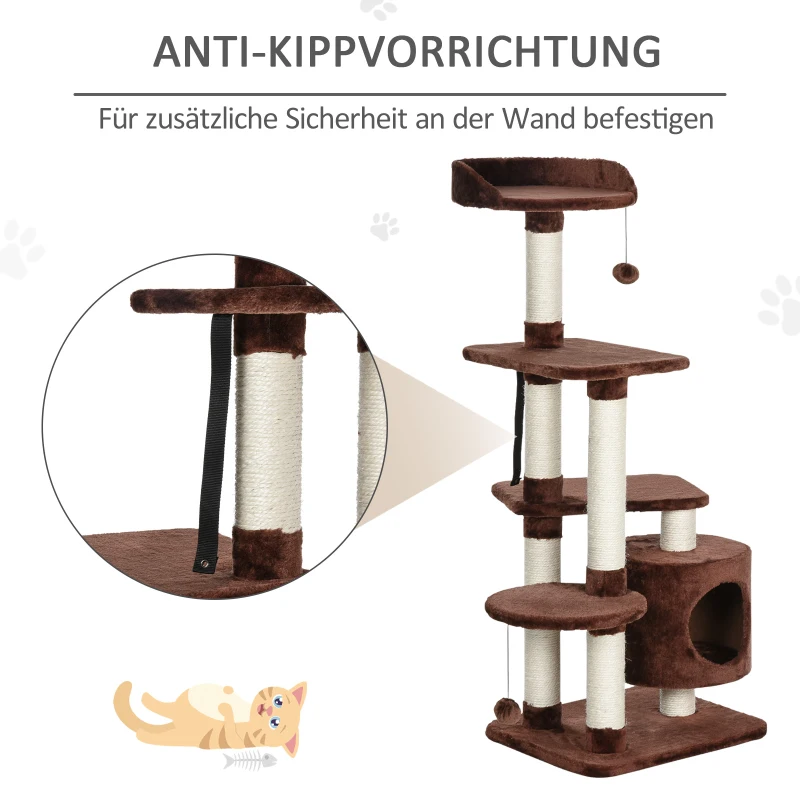 PawHut drzewo dla kotów z sizalowymi słupkami, 5-kondygnacyjne, z piłkami do zabawy, jaskinia, plusz, ciemnozielony 45 x 40 x 118 cm