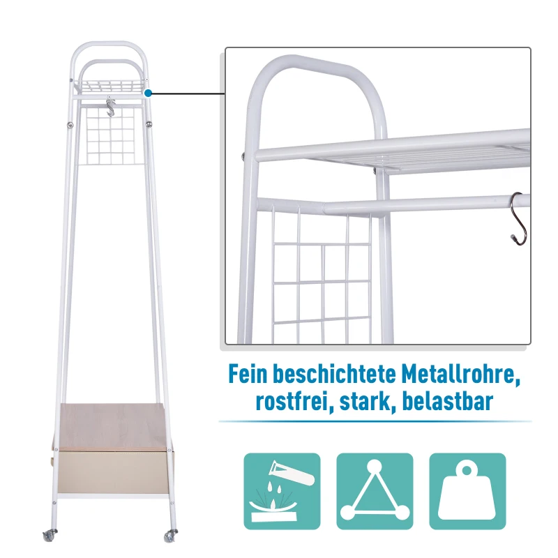 HOMCOM® Kleiderständer Rollgarderobe mit Schubladen Hacken aus Metall+Holz weiß L99 x B47 x H185 cm