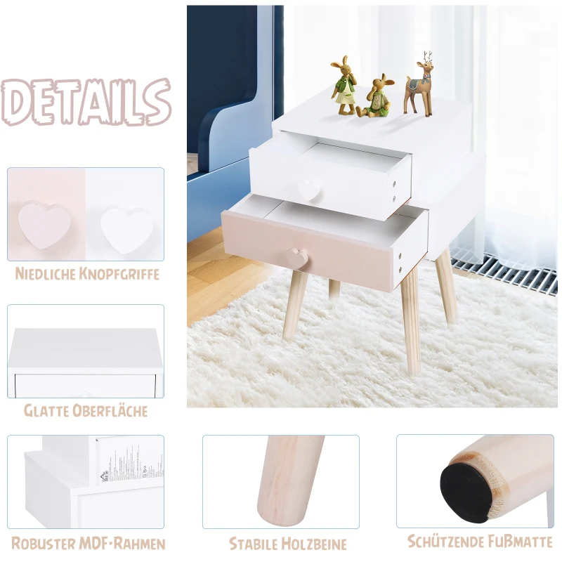 HOMCOM® Kinderzimmer Nachttisch 2er Set Beistelltisch Nachtschrank mit 2 Schubladen MDF Rosa