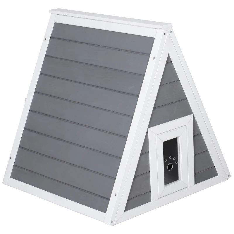 PawHut® Katzenhaus Dreieck Holzhaus für Katzen Katzenhöhle 2 Türe Massivholz Grau