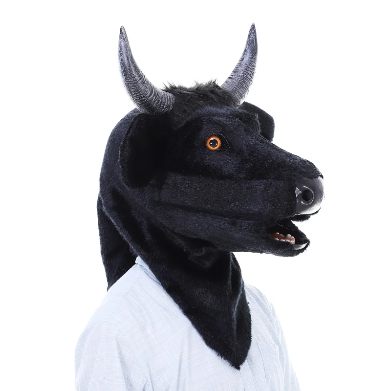 HOMCOM® Tierkopfmaske Bullenkopf Beweglicher Mund Kostüm Polyester Schwarz 59 x 48 x 28 cm