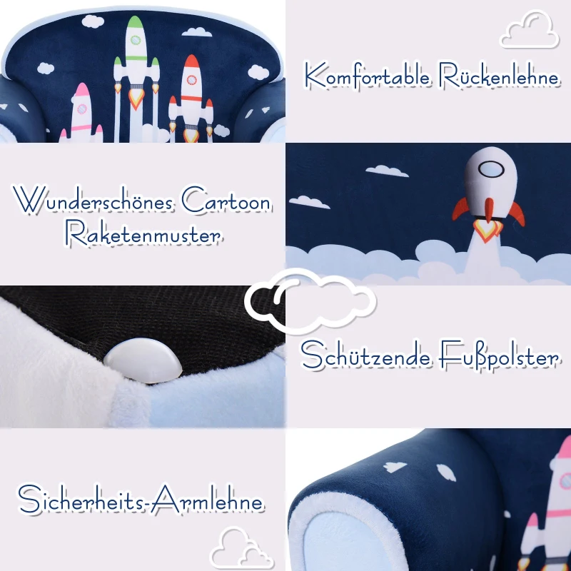 HOMCOM® Kindersessel mit Raketen Minisessel Kindersofa Kindermöbel ab 3 Jahre Flanell