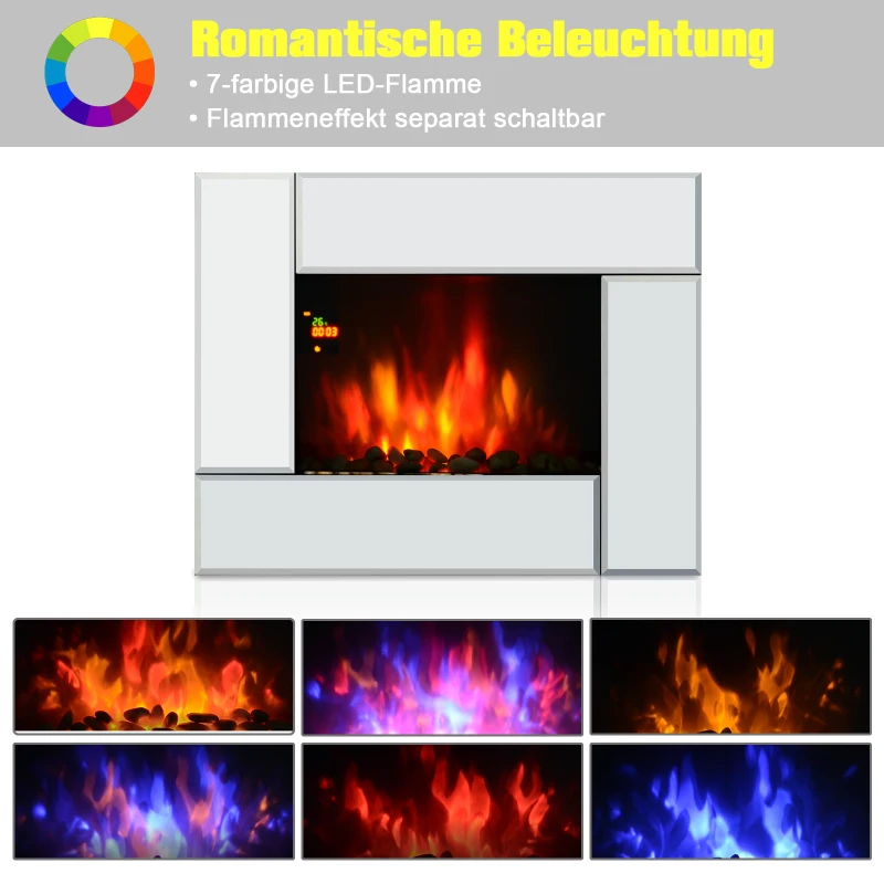 HOMCOM® Wandkamin | Elektrokamin | Inkl. Fernbedienung | 900 / 1800 W | 66 x 52 x 10,7cm | Silber
