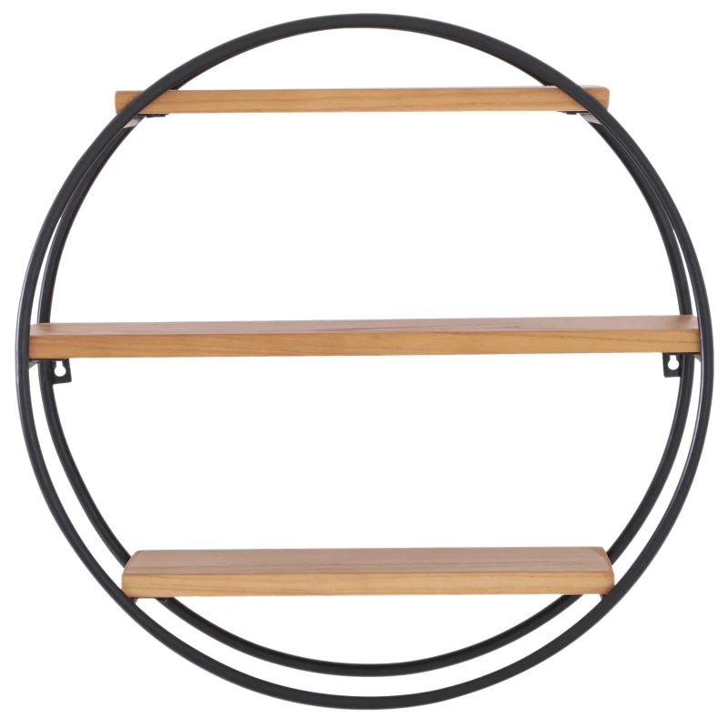 HOMCOM® Wandregal Bücherregal Metallregal Hängeregal Dekoregal modern aus Metall und Holz mit 3 Böden rund Schwarz Natur ∅50 x 19cm