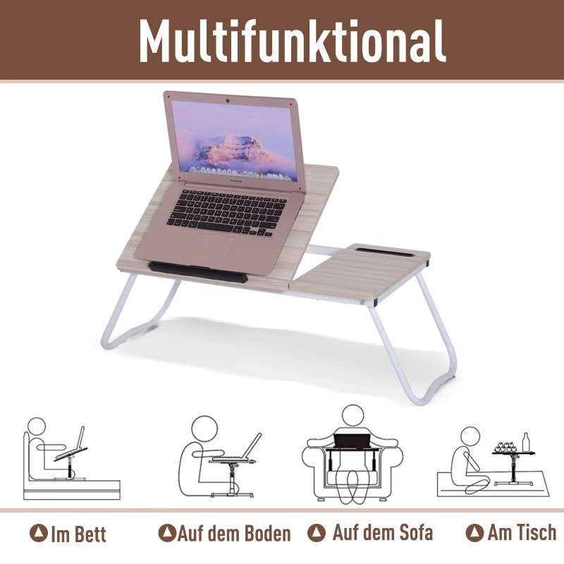 Vinsetto® Laptoptisch Betttisch Serviertablett Frühstückstisch verstellbar Spanplatte + Metall Natur + Weiß 64 x 36 x 27 cm