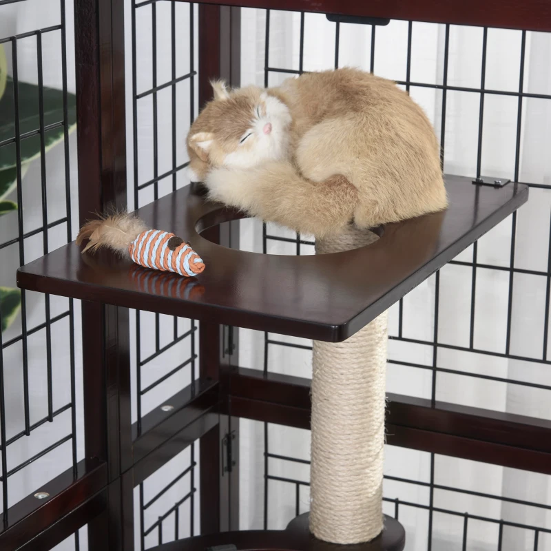 PawHut® Katzenhaus Katzen Käfig Hängematte Sisal-Säulen & Matte Massivholz Metalldraht