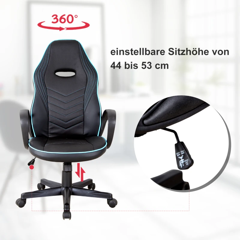 Vinsetto Bürostuhl Gaming Stuhl Drehstuhl Wippfunktion Höhenverstellbar Kunstleder Schwarz+Blau 62 x 69 x 112–121 cm